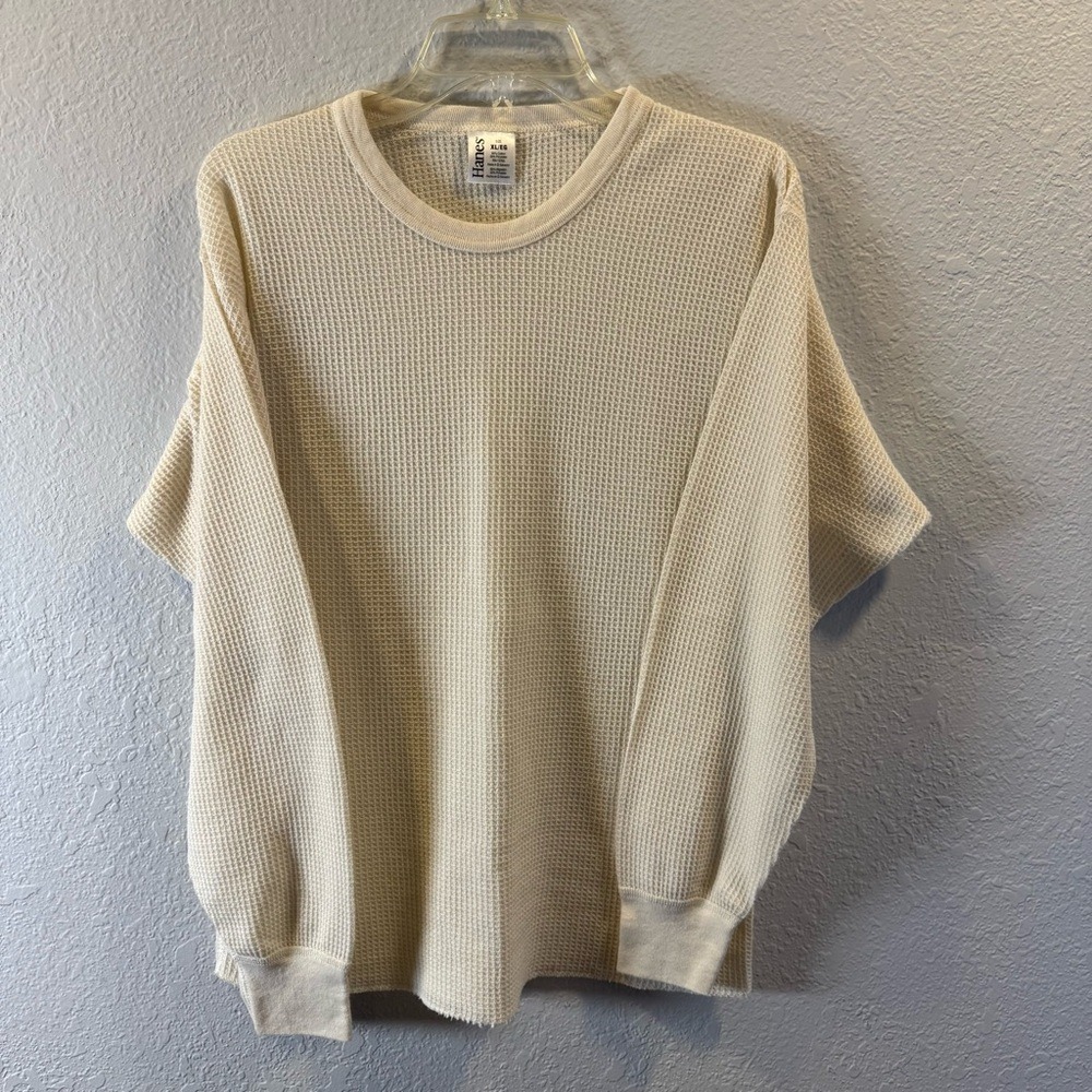 Hanes Mens XL Cream Waffle Knit Thermal Long Sleeve Crew Neck Shirt